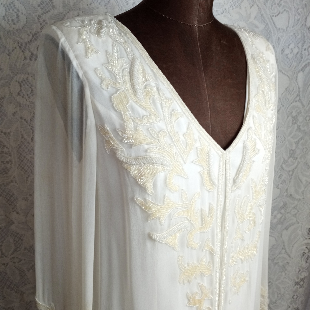 Vintage Judith Ann Creations Ivory White Pure 100% Silk Beaded Evening Gown M